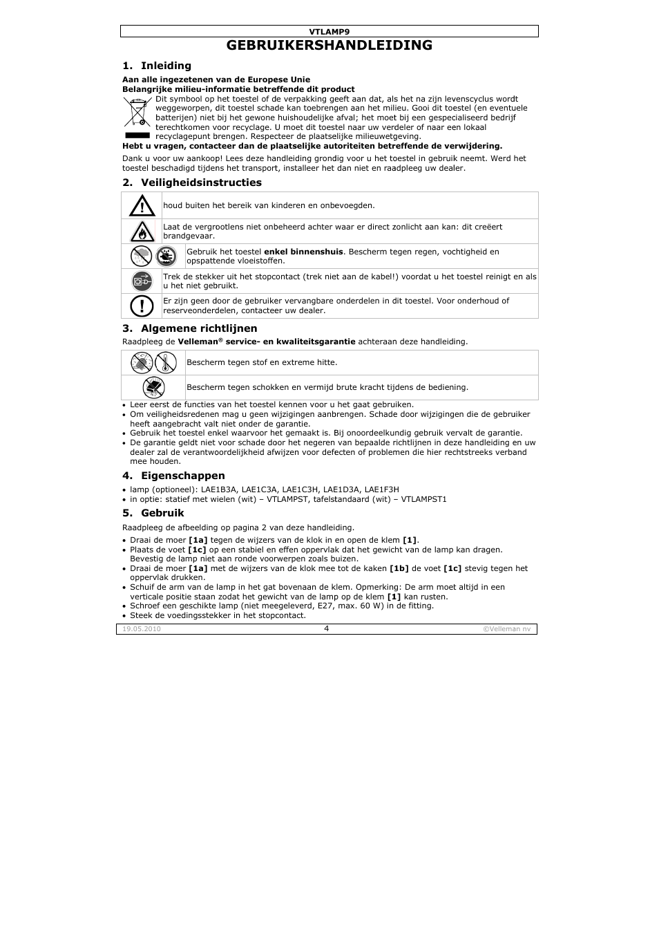 Gebru, Uikersha, Andleid | Ding | Velleman VTLAMP9 User Manual | Page 4 / 12