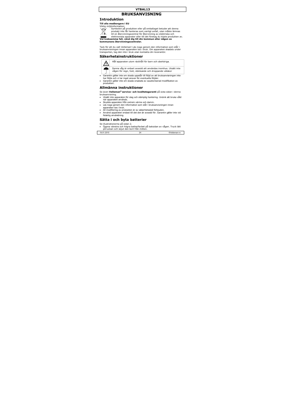 Bruksanv, Visning, Introdukt | Säkerhets, Allmänna, Sätta i oc, Tion, Sinstruktioner, Instruktioner, H byta batteri | Velleman VTBAL13 User Manual | Page 24 / 32