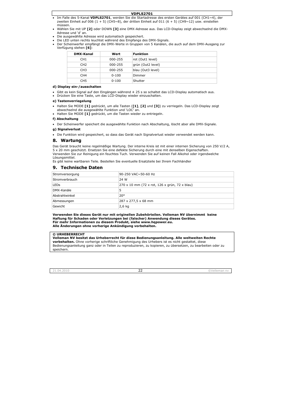 Wartung, Technische daten | Velleman VDPLS2701 User Manual | Page 22 / 24