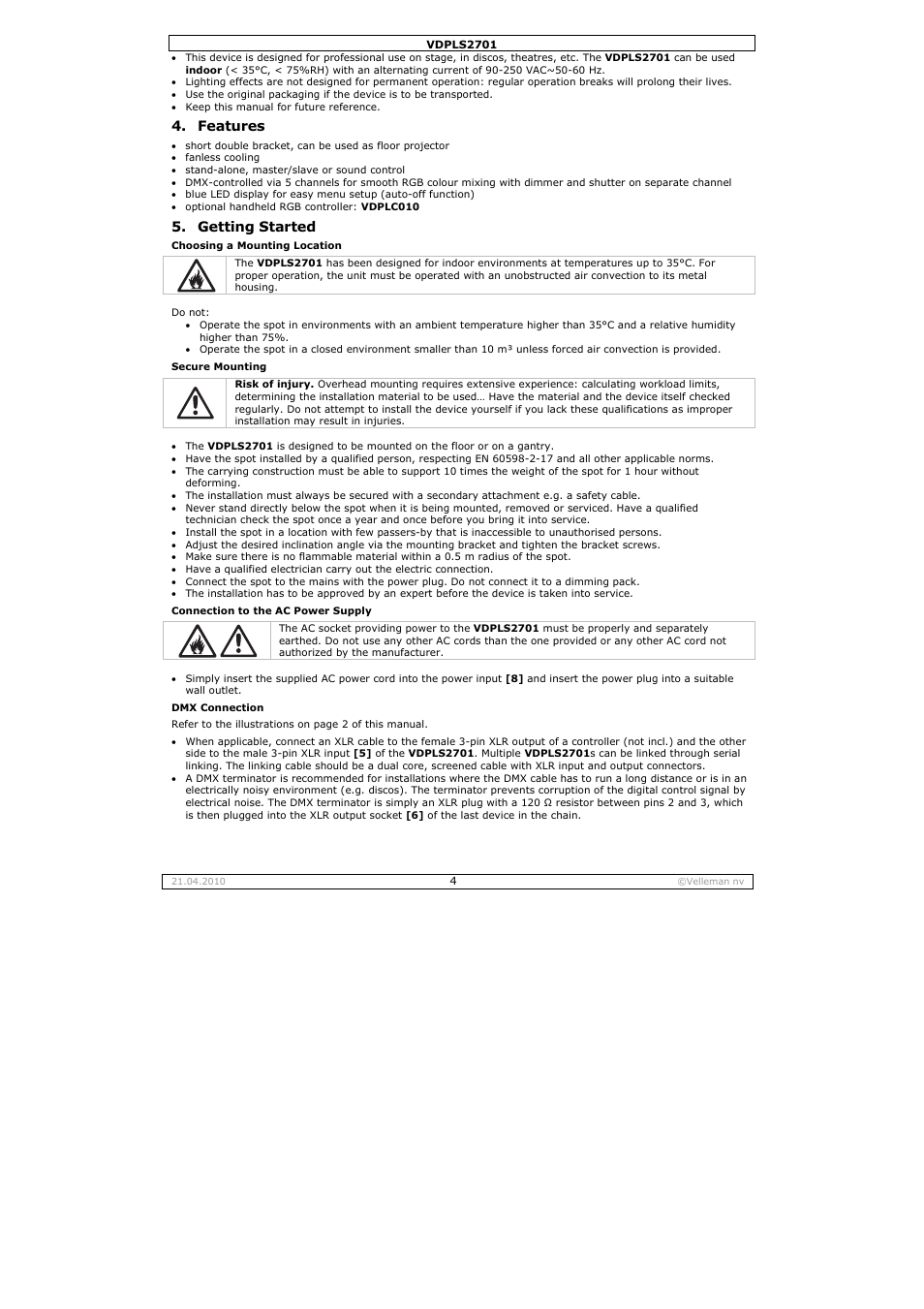 Features, Getting started | Velleman VDPLS2701 User Manual | Page 4 / 24
