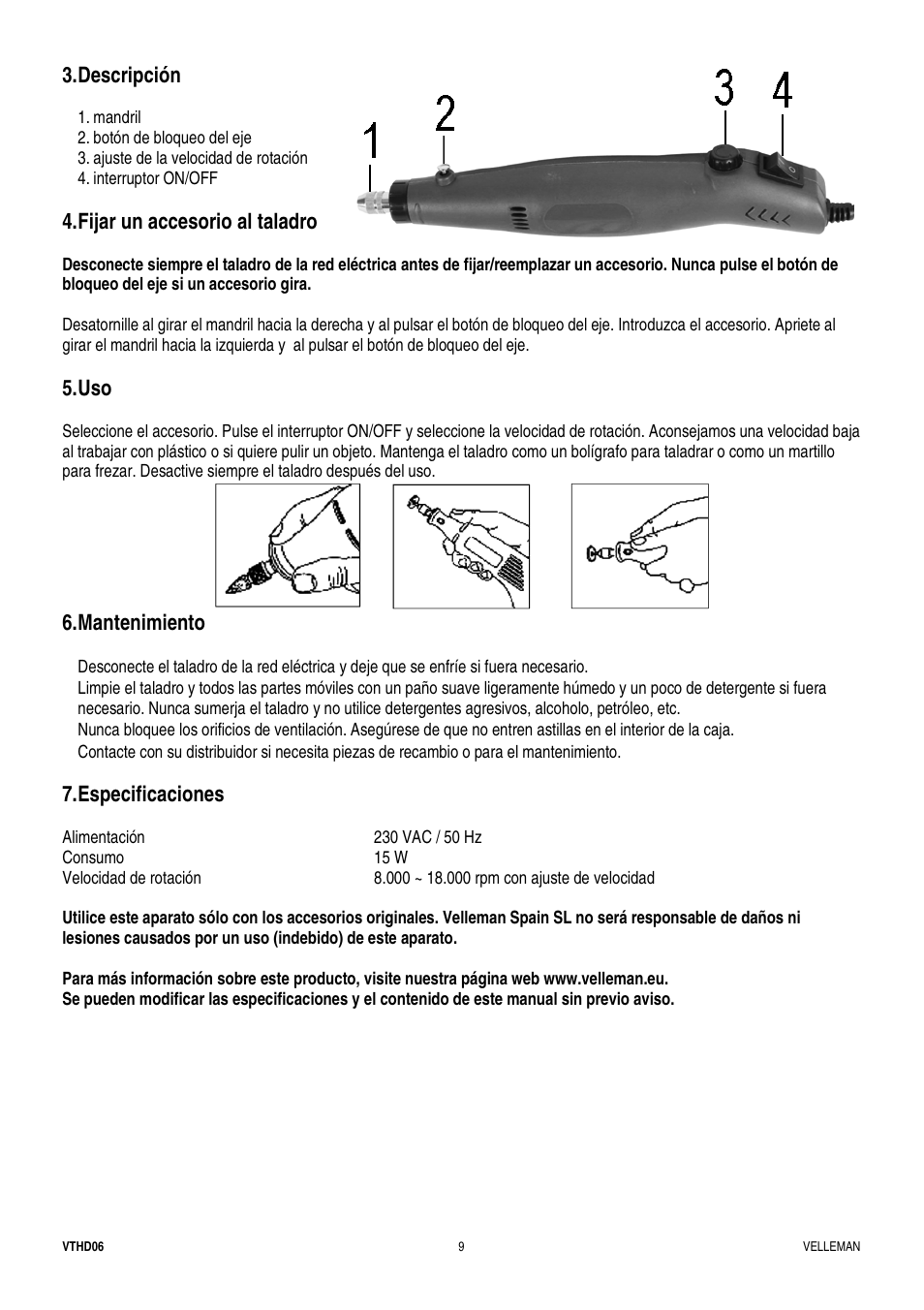Descripción, Fijar un accesorio al taladro, Mantenimiento | Especificaciones | Velleman VTHD06 User Manual | Page 9 / 11
