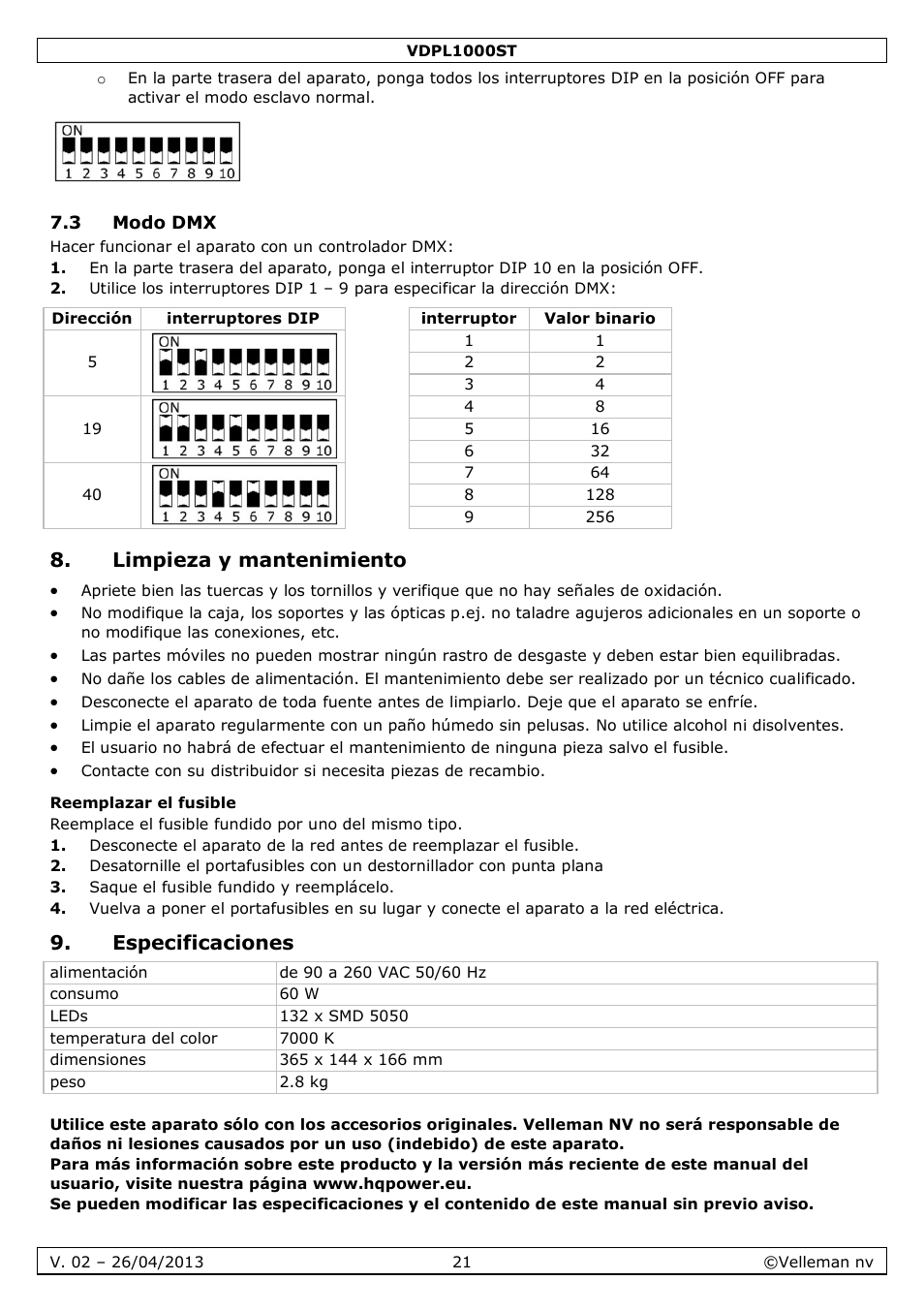 3 modo dmx, Limpieza y mantenimiento, Reemplazar el fusible | Especificaciones | Velleman VDPL1000ST User Manual | Page 21 / 29