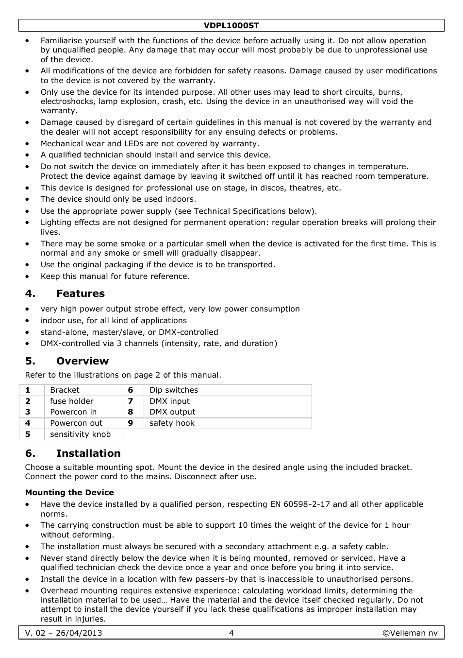 Features, Overview, Installation | Mounting the device | Velleman VDPL1000ST User Manual | Page 4 / 29
