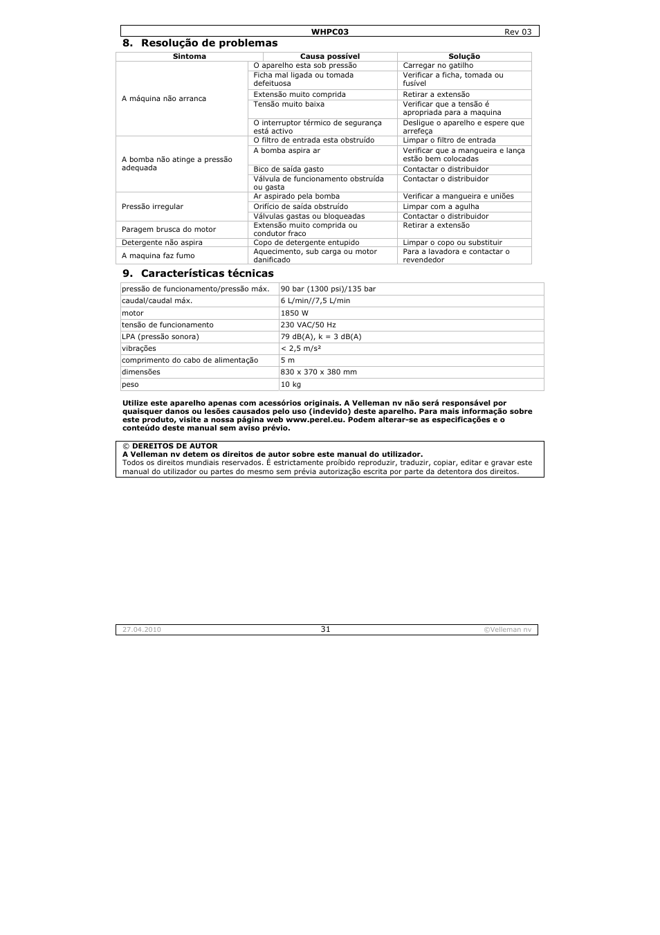 Resolução de problemas, Características técnicas | Velleman WHPC03 User Manual | Page 31 / 35
