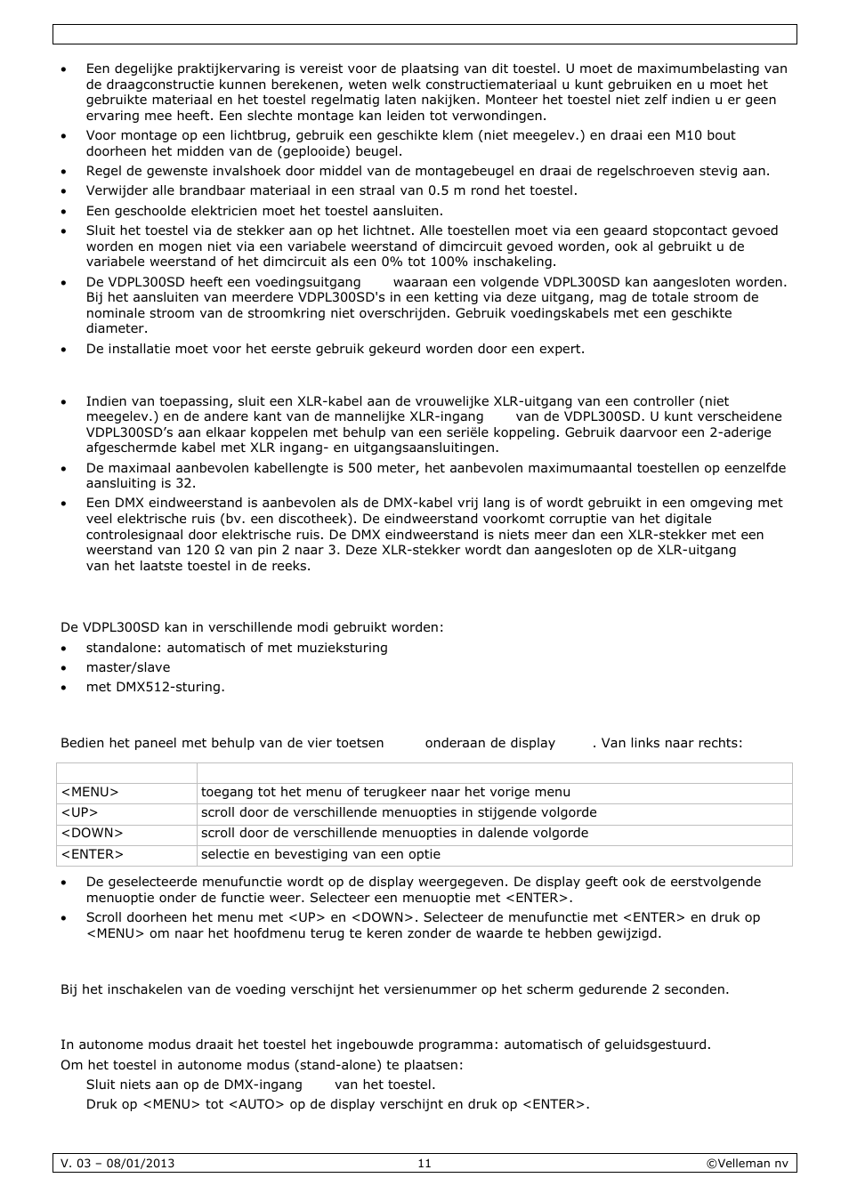 Gebruik | Velleman VDPL300SD User Manual | Page 11 / 34