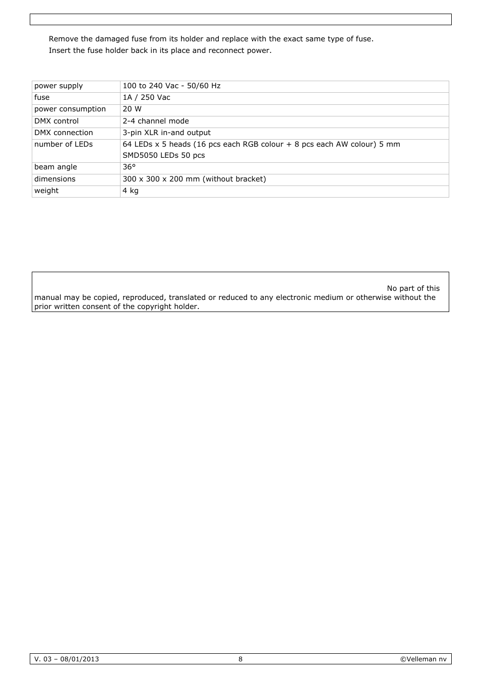 Technical specifications | Velleman VDPL300SD User Manual | Page 8 / 34