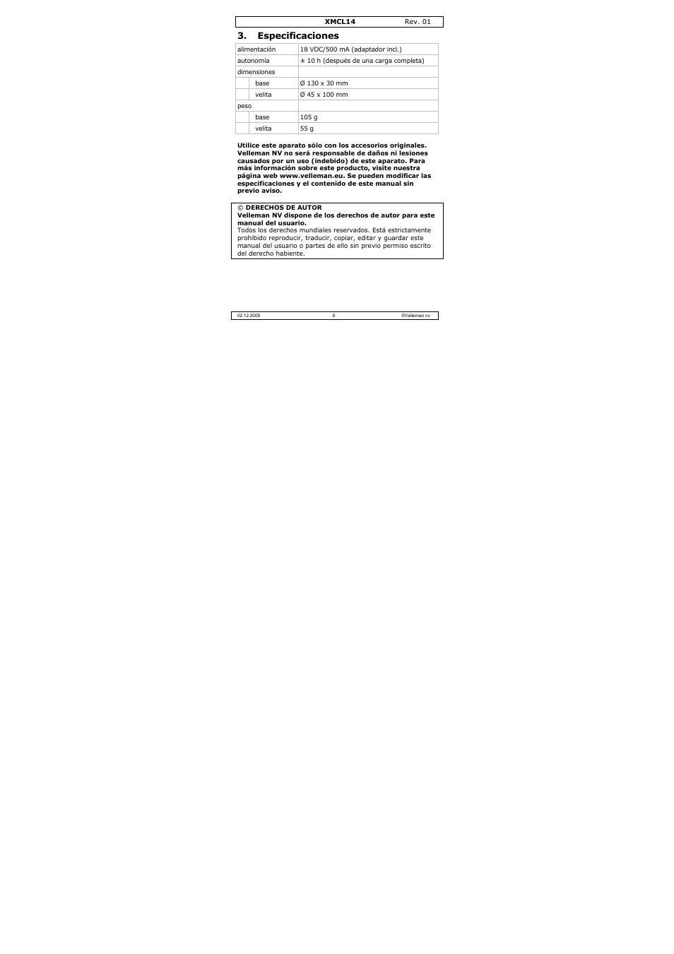 Especificaciones | Velleman XMCL14 User Manual | Page 9 / 16