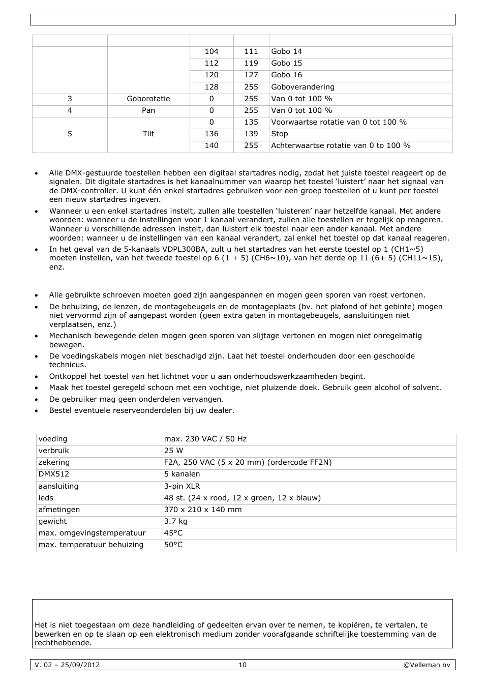 Reiniging en onderhoud, Technische specificaties | Velleman VDPL300BA User Manual | Page 10 / 24
