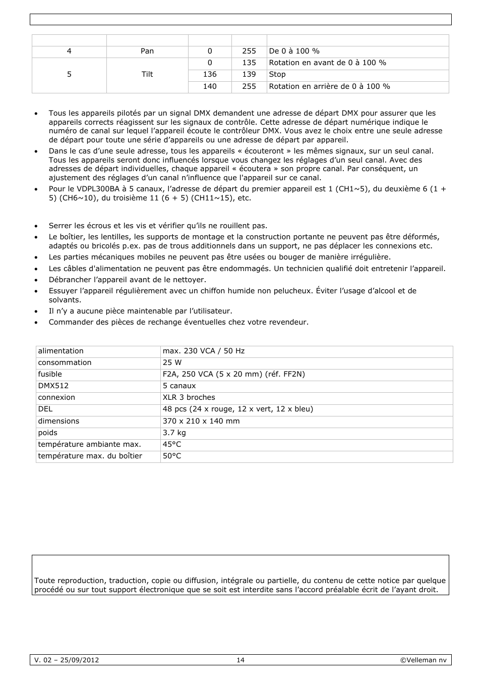 Nettoyage et entretien, Spécifications techniques | Velleman VDPL300BA User Manual | Page 14 / 24