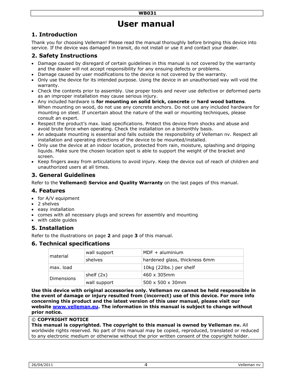 User manual | Velleman WB031 User Manual | Page 4 / 11