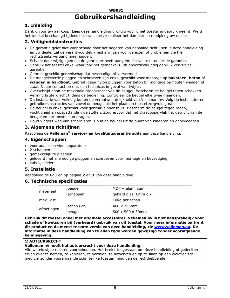 Gebruikershandleiding | Velleman WB031 User Manual | Page 5 / 11