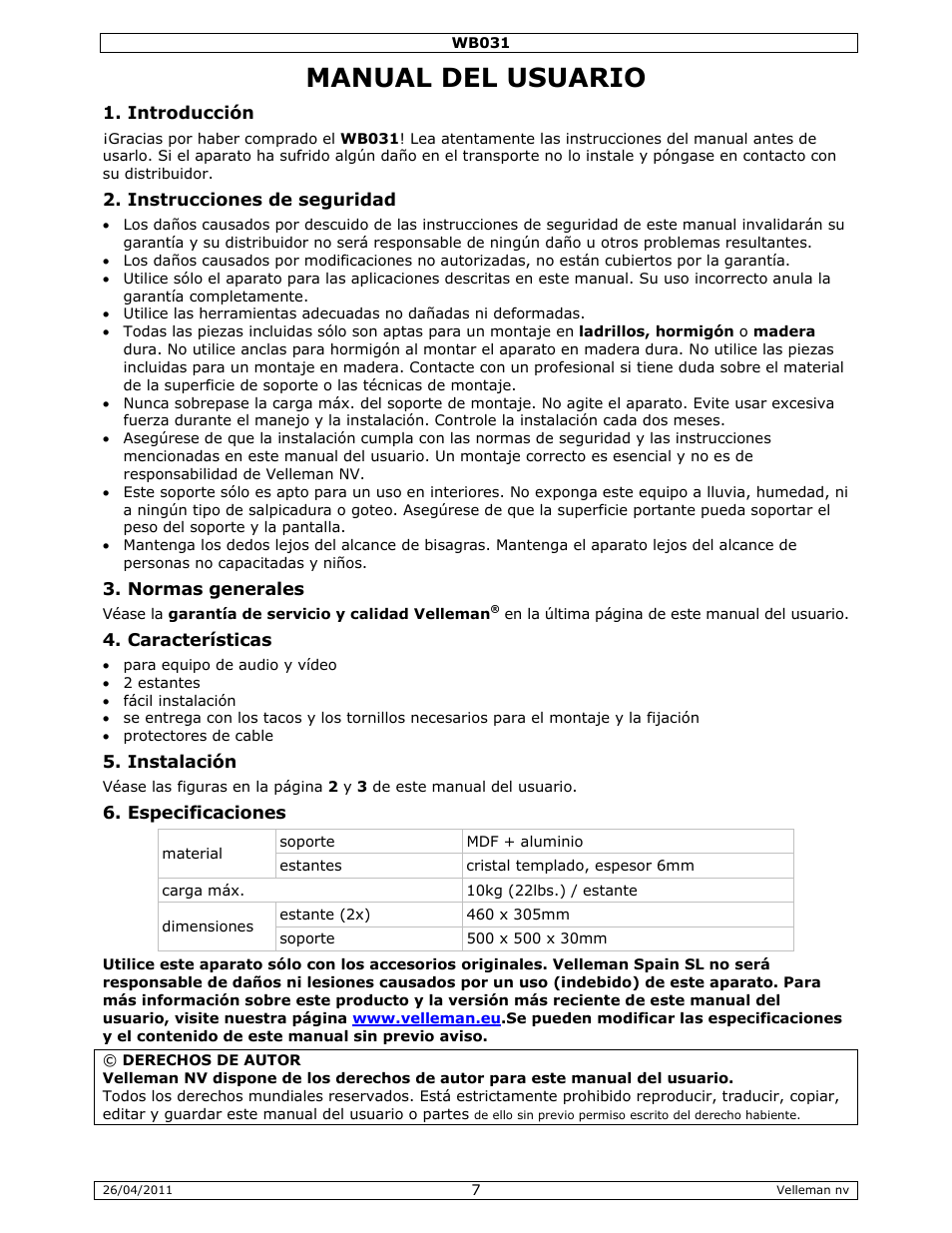 Manual del usuario | Velleman WB031 User Manual | Page 7 / 11