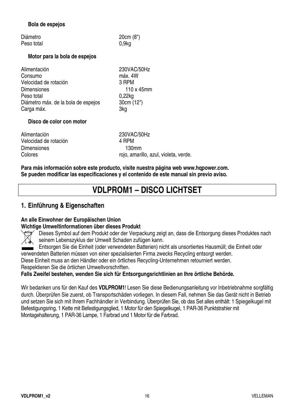 Vdlprom1 – disco lichtset | Velleman VDLPROM1 User Manual | Page 16 / 20