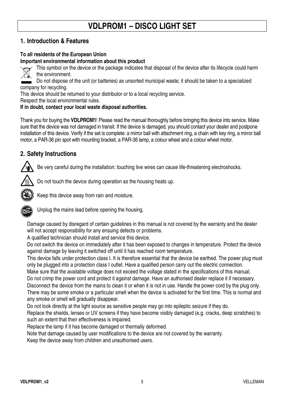 Vdlprom1 – disco light set | Velleman VDLPROM1 User Manual | Page 3 / 20
