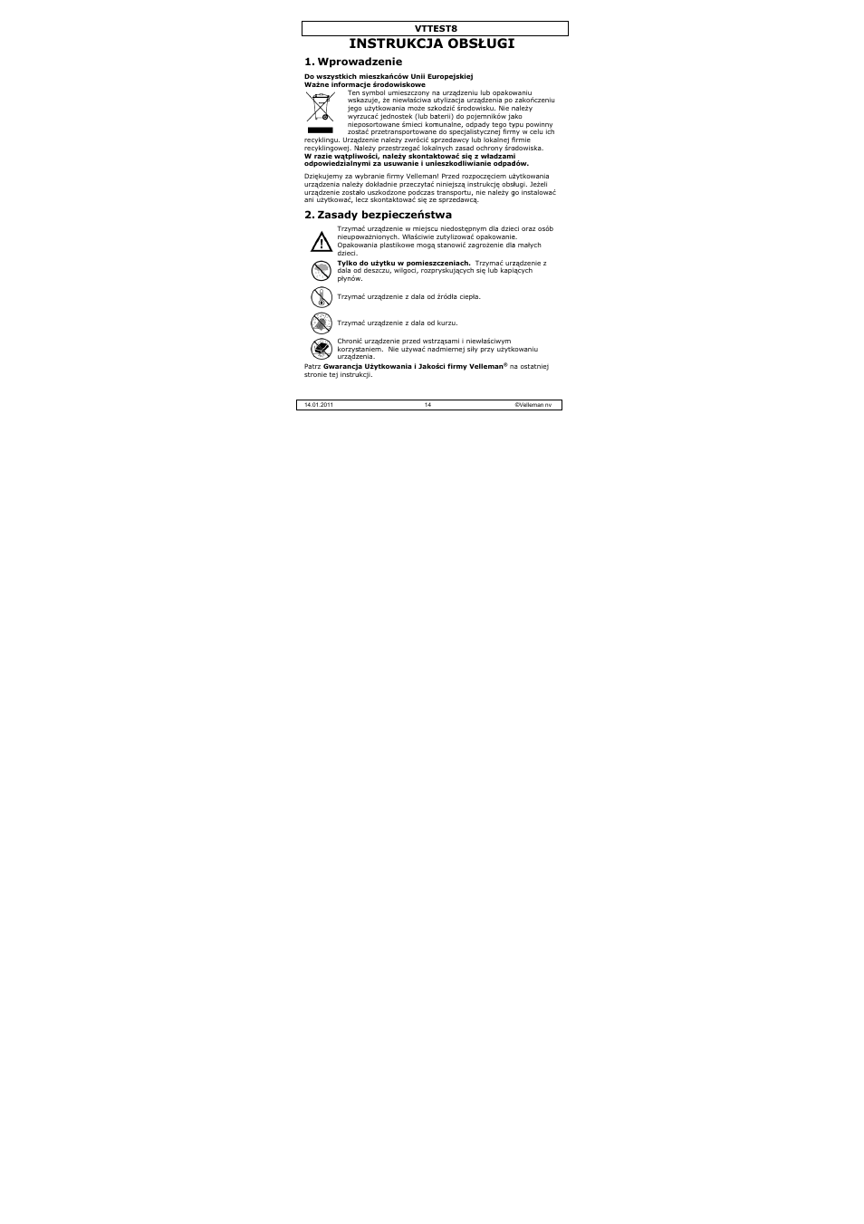Nstrukcja, A obsługi, Wprow | Zasady, Wadzenie, Y bezpieczeństw | Velleman VTTEST8 User Manual | Page 14 / 25