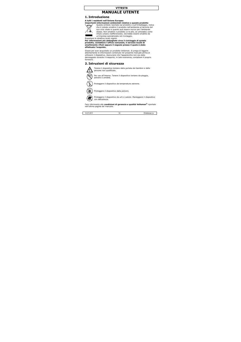 Manuale, E utente, Introdu | Istruzio, Uzione, Oni di sicurezz | Velleman VTTEST8 User Manual | Page 16 / 25