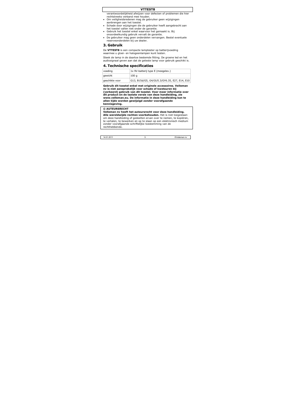Gebruik, Technische specificaties | Velleman VTTEST8 User Manual | Page 5 / 25