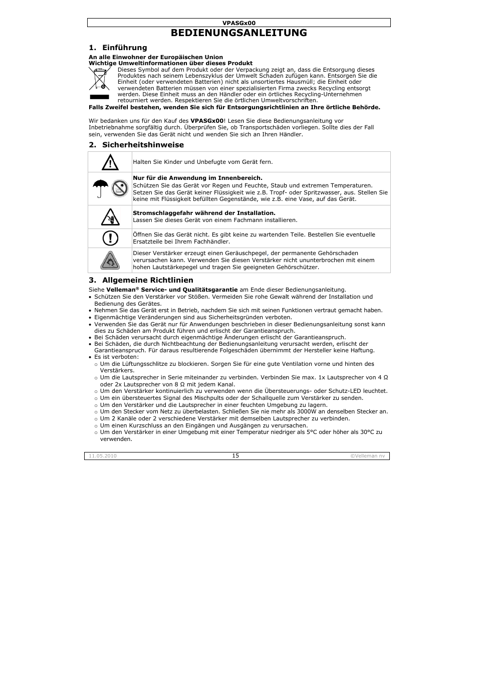 Bedie, Enungs, Anleitu | Velleman VPASG100 User Manual | Page 15 / 19