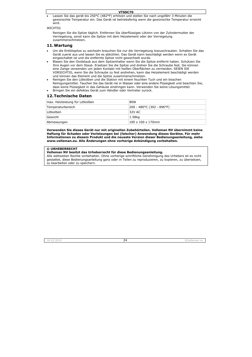 Velleman VTSSC70 User Manual | Page 24 / 26