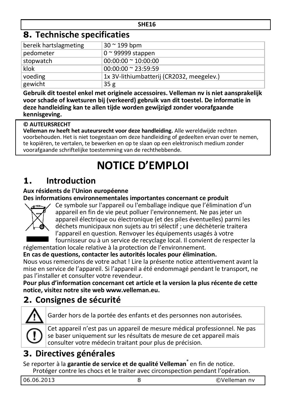 Notice d’emploi, Technische specificaties, Introduction | Consignes de sécurité, Directives générales | Velleman SHE16 User Manual | Page 8 / 21
