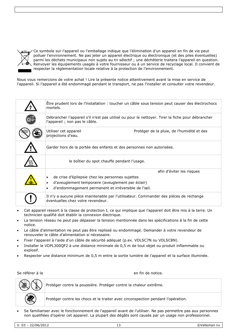 Mode d'emploi, Mode, E d’em | Mploi, Intro, Cons, Direc, Oduction, Signes de, Ctives gé | Velleman VDPL300QF2 User Manual | Page 13 / 29