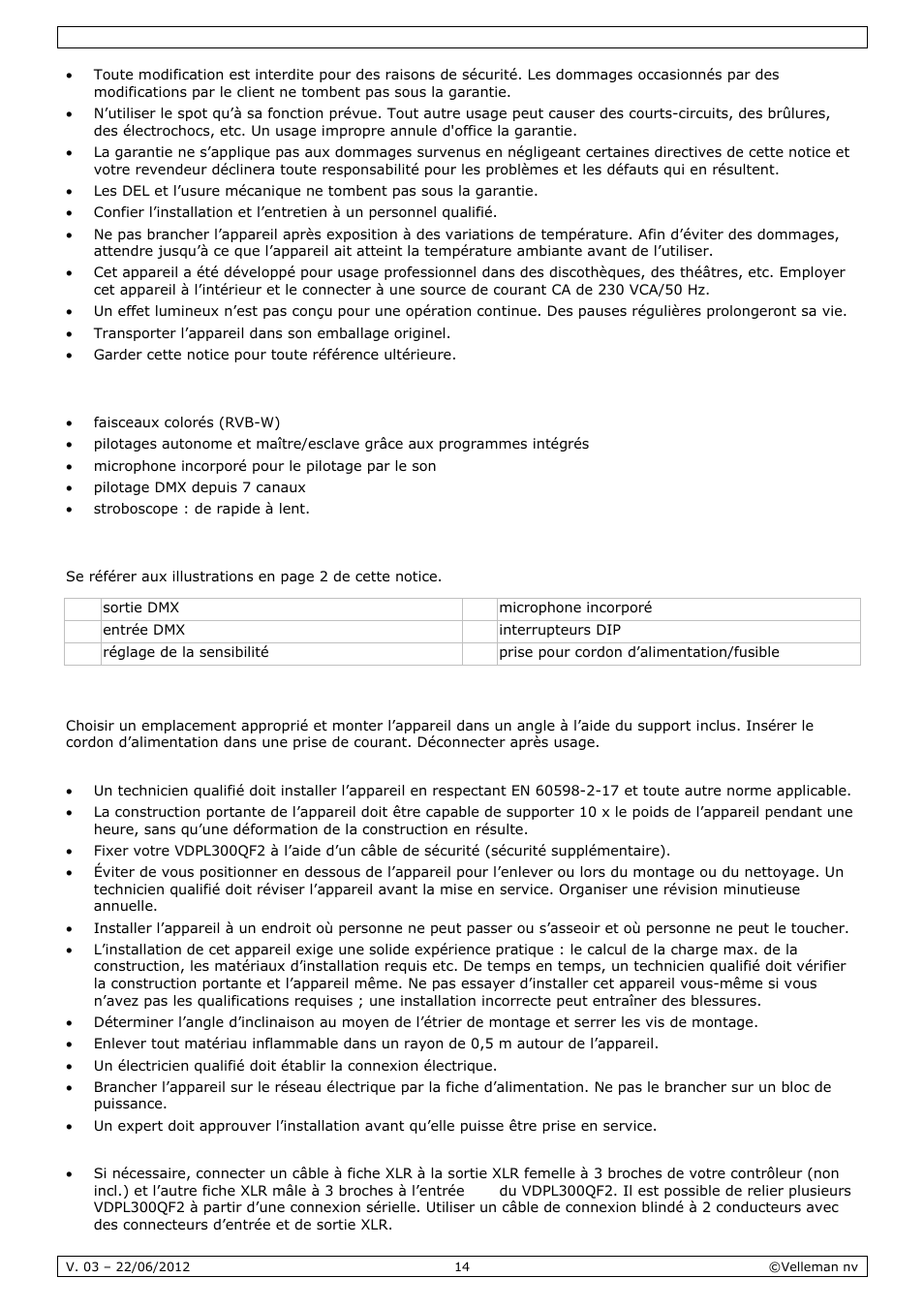 Caractéristiques, Description, Installation | Velleman VDPL300QF2 User Manual | Page 14 / 29