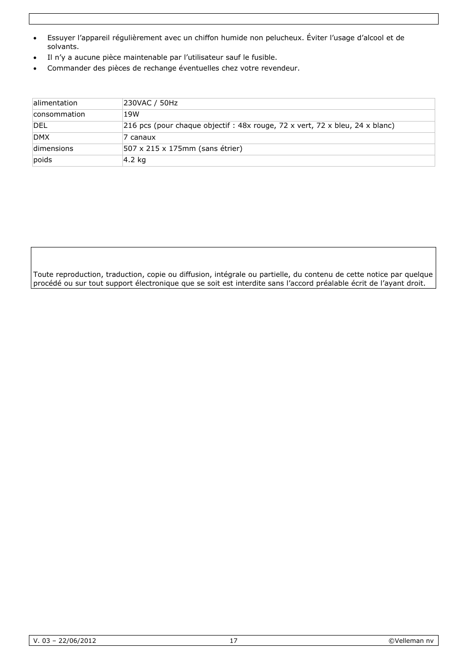 Spécifications techniques | Velleman VDPL300QF2 User Manual | Page 17 / 29
