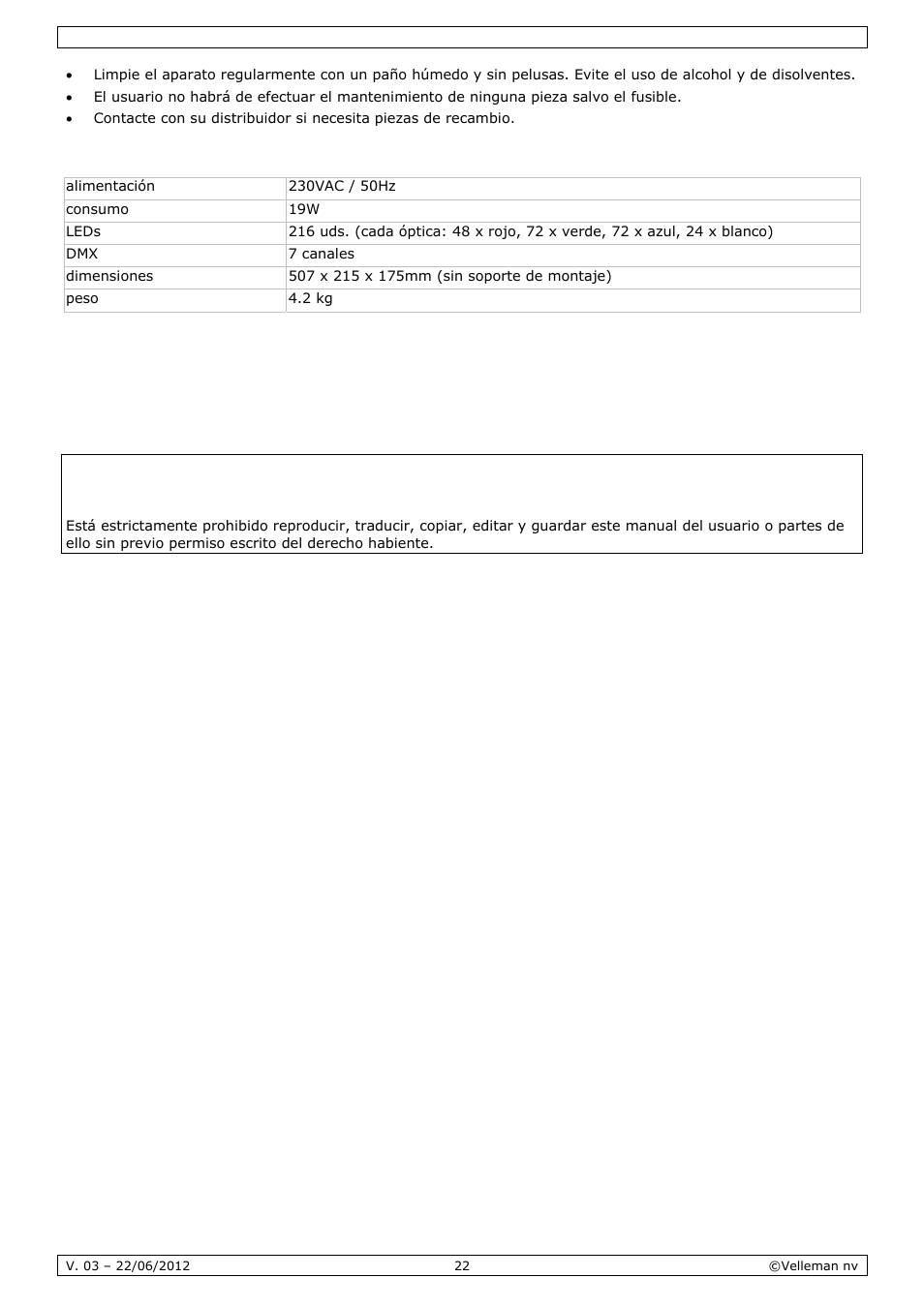 Especificaciones | Velleman VDPL300QF2 User Manual | Page 22 / 29
