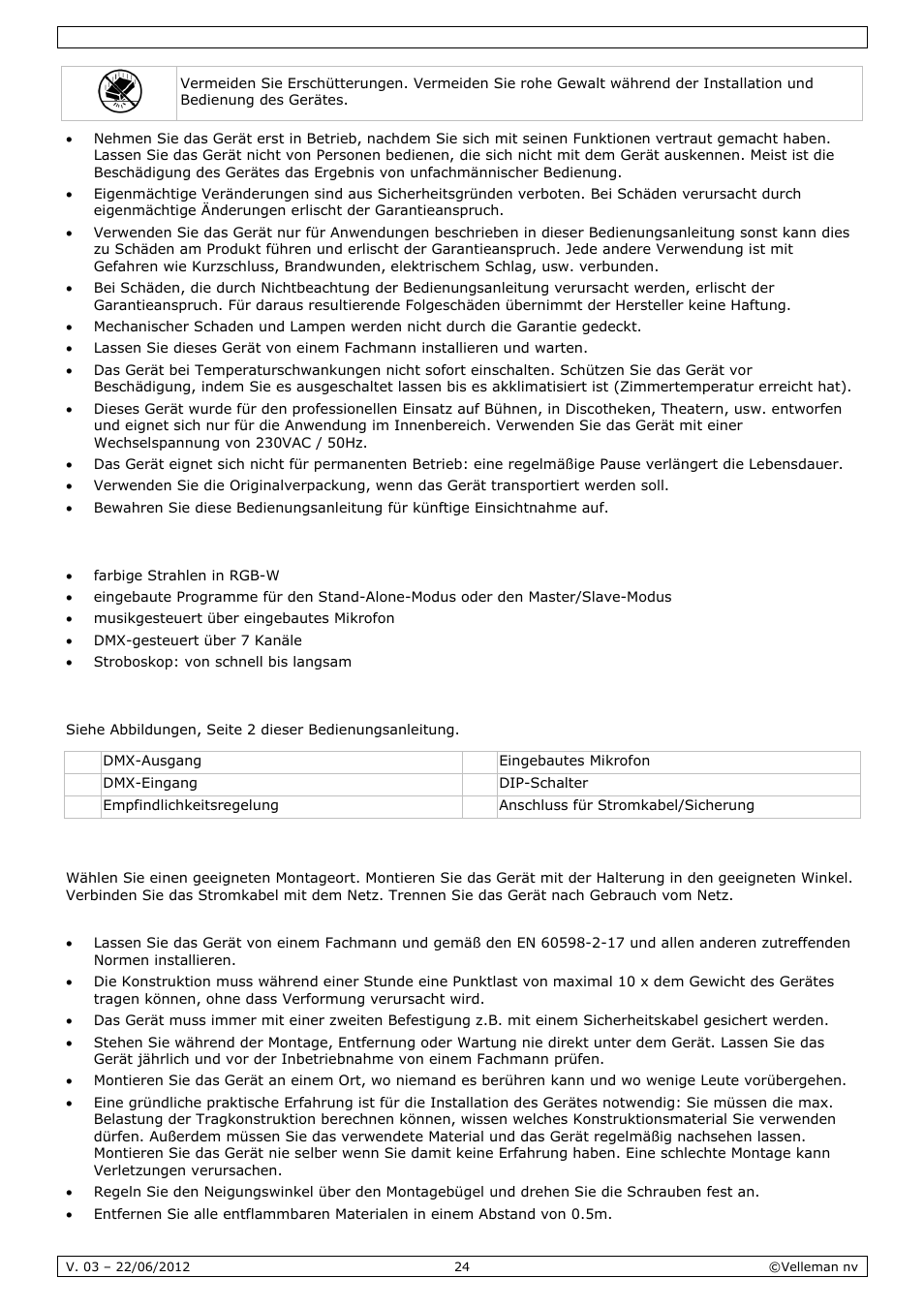 Eigenschaften, Umschreibung, Installation | Velleman VDPL300QF2 User Manual | Page 24 / 29