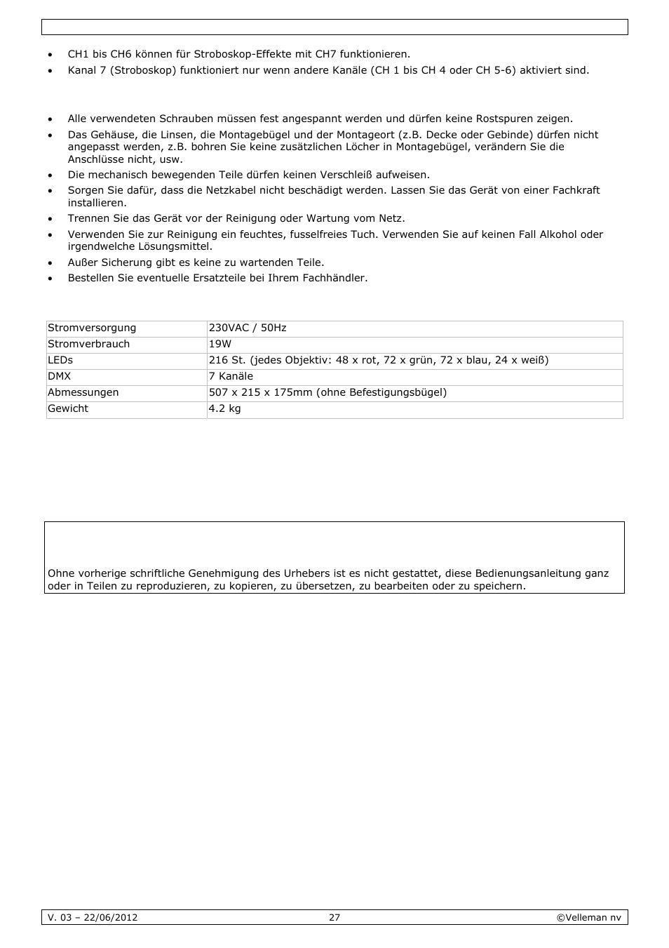 Reinigung und wartung, Technische daten | Velleman VDPL300QF2 User Manual | Page 27 / 29
