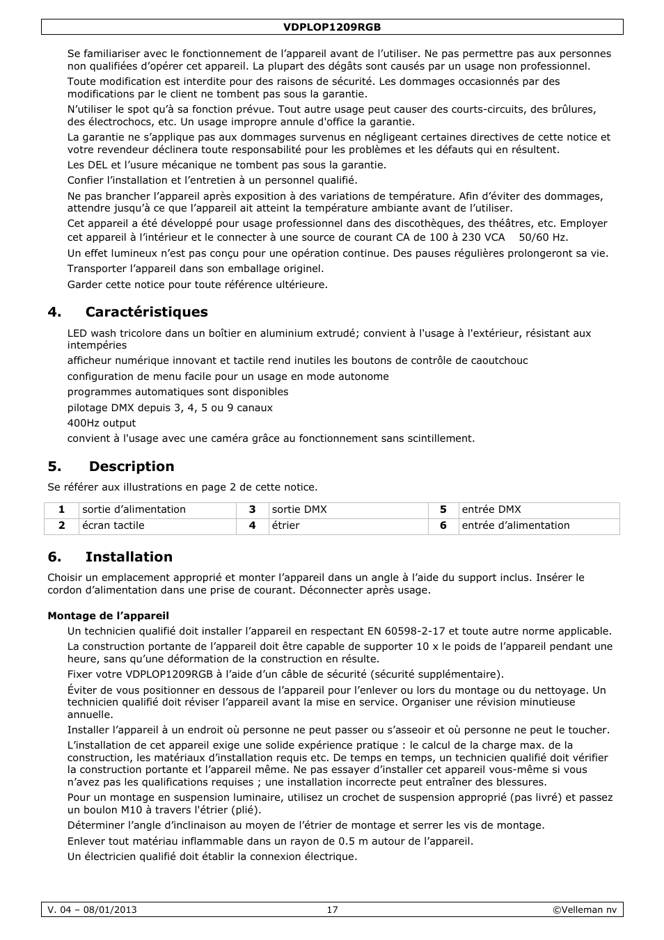 Caractéristiques, Description, Installation | Velleman VDPLOP1209RGB User Manual | Page 17 / 38