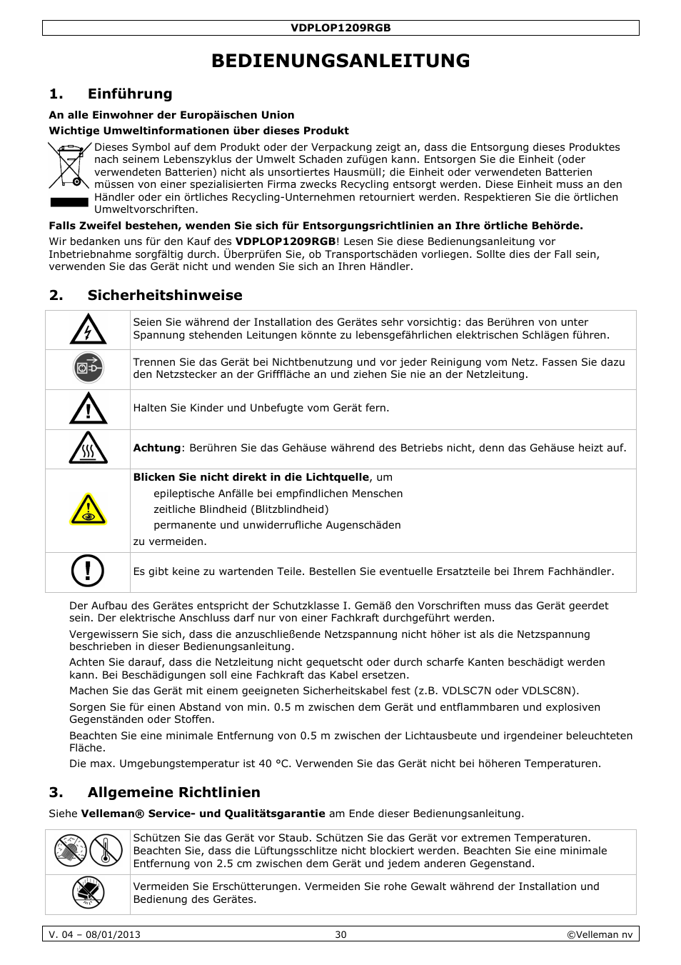 Bedienungsanleitung, Einführung, Sicherheitshinweise | Allgemeine richtlinien | Velleman VDPLOP1209RGB User Manual | Page 30 / 38