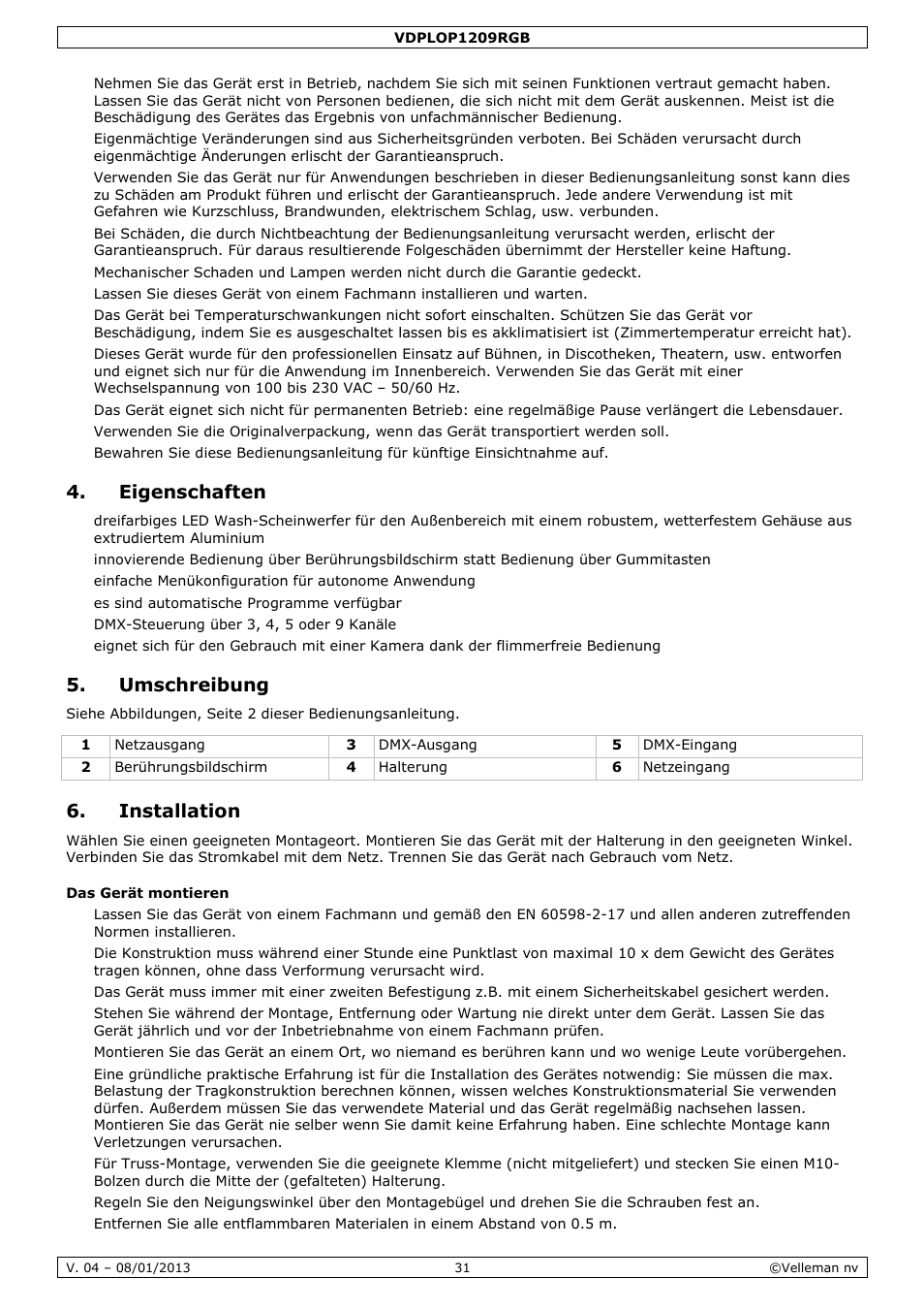 Eigenschaften, Umschreibung, Installation | Velleman VDPLOP1209RGB User Manual | Page 31 / 38