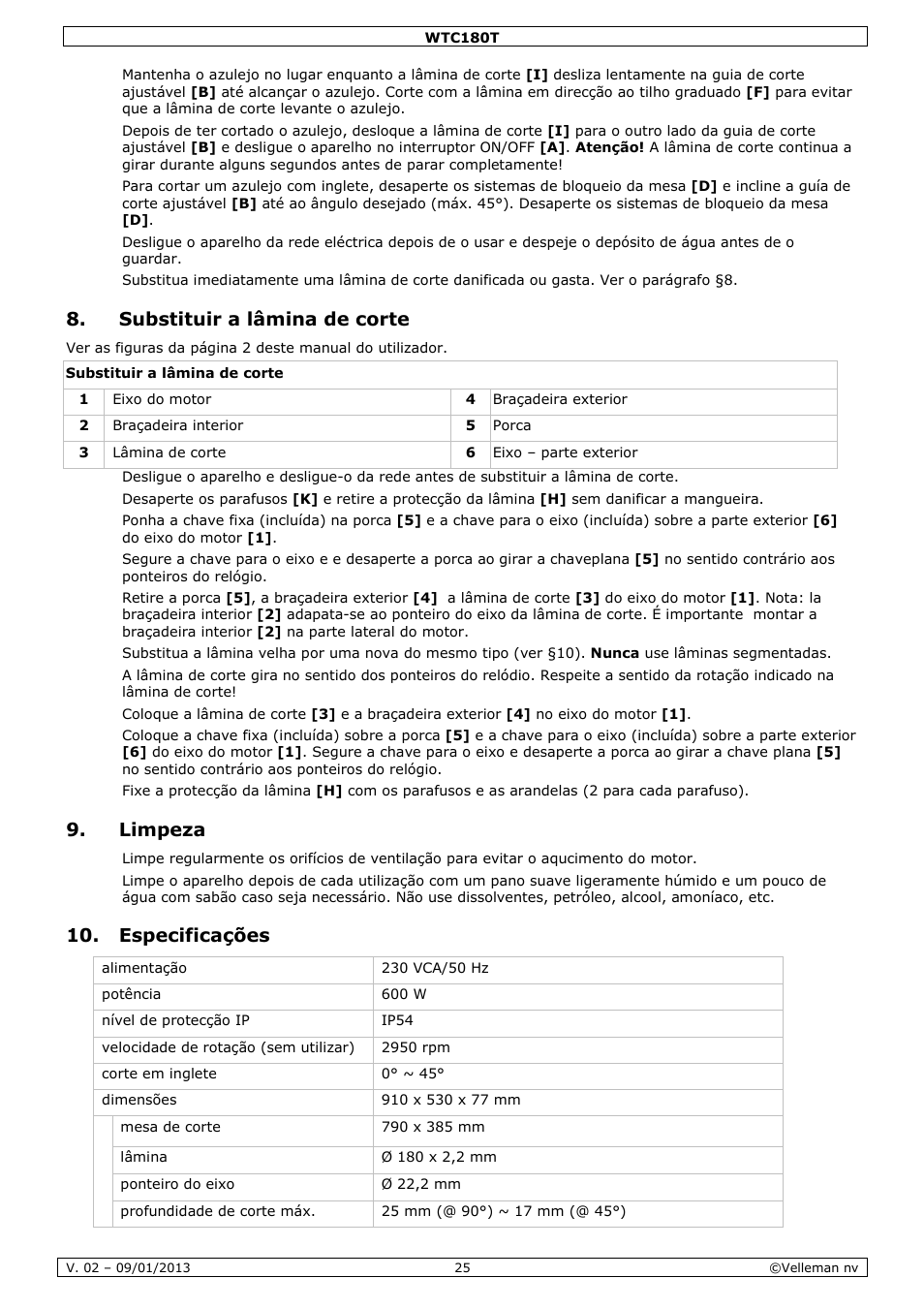 Substituir a lâmina de corte, Limpeza, Especificações | Velleman WTC180T User Manual | Page 25 / 28