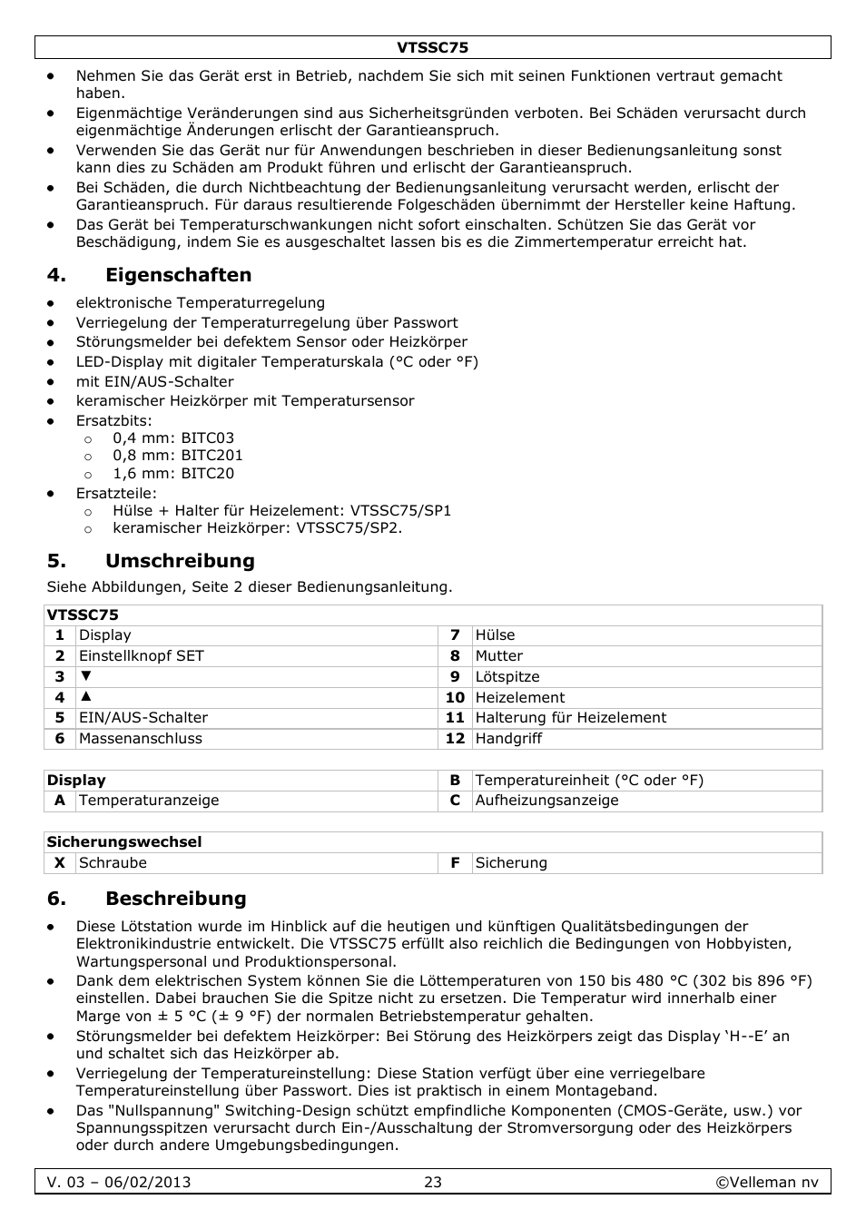 Eigenschaften, Umschreibung, Beschreibung | Velleman VTSSC75 User Manual | Page 23 / 39