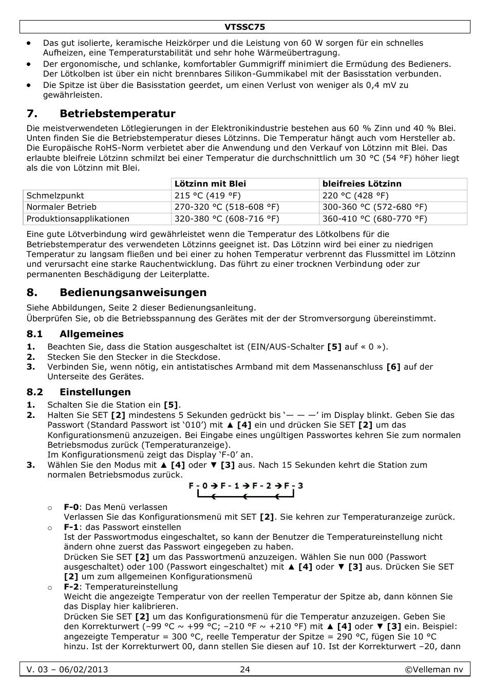 Betriebstemperatur, Bedienungsanweisungen, 1 allgemeines | 2 einstellungen | Velleman VTSSC75 User Manual | Page 24 / 39