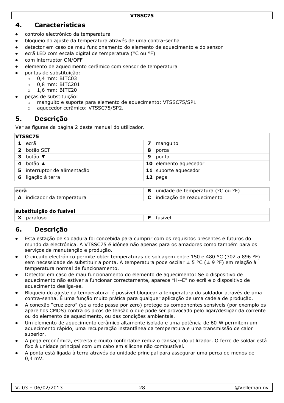 Características, Descrição | Velleman VTSSC75 User Manual | Page 28 / 39