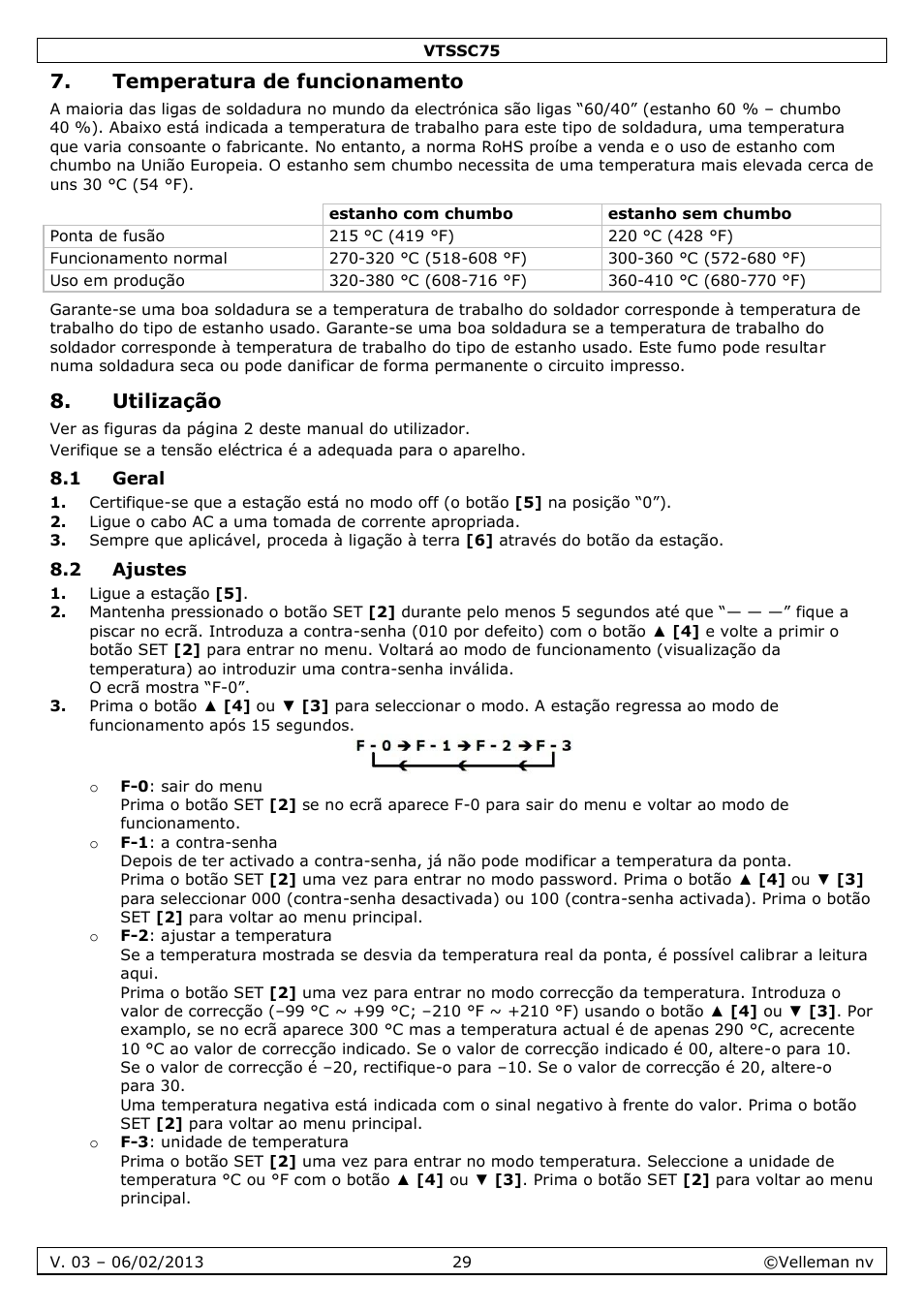 Temperatura de funcionamento, Utilização, 1 geral | 2 ajustes | Velleman VTSSC75 User Manual | Page 29 / 39
