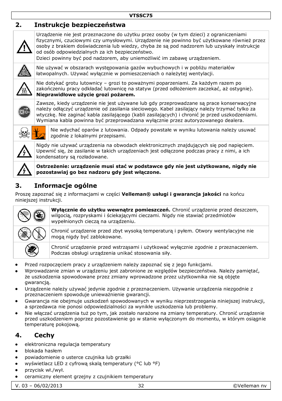 Instrukcje bezpieczeństwa, Informacje ogólne, Cechy | Velleman VTSSC75 User Manual | Page 32 / 39