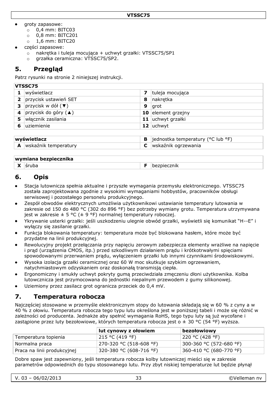 Przegląd, Opis, Temperatura robocza | Velleman VTSSC75 User Manual | Page 33 / 39