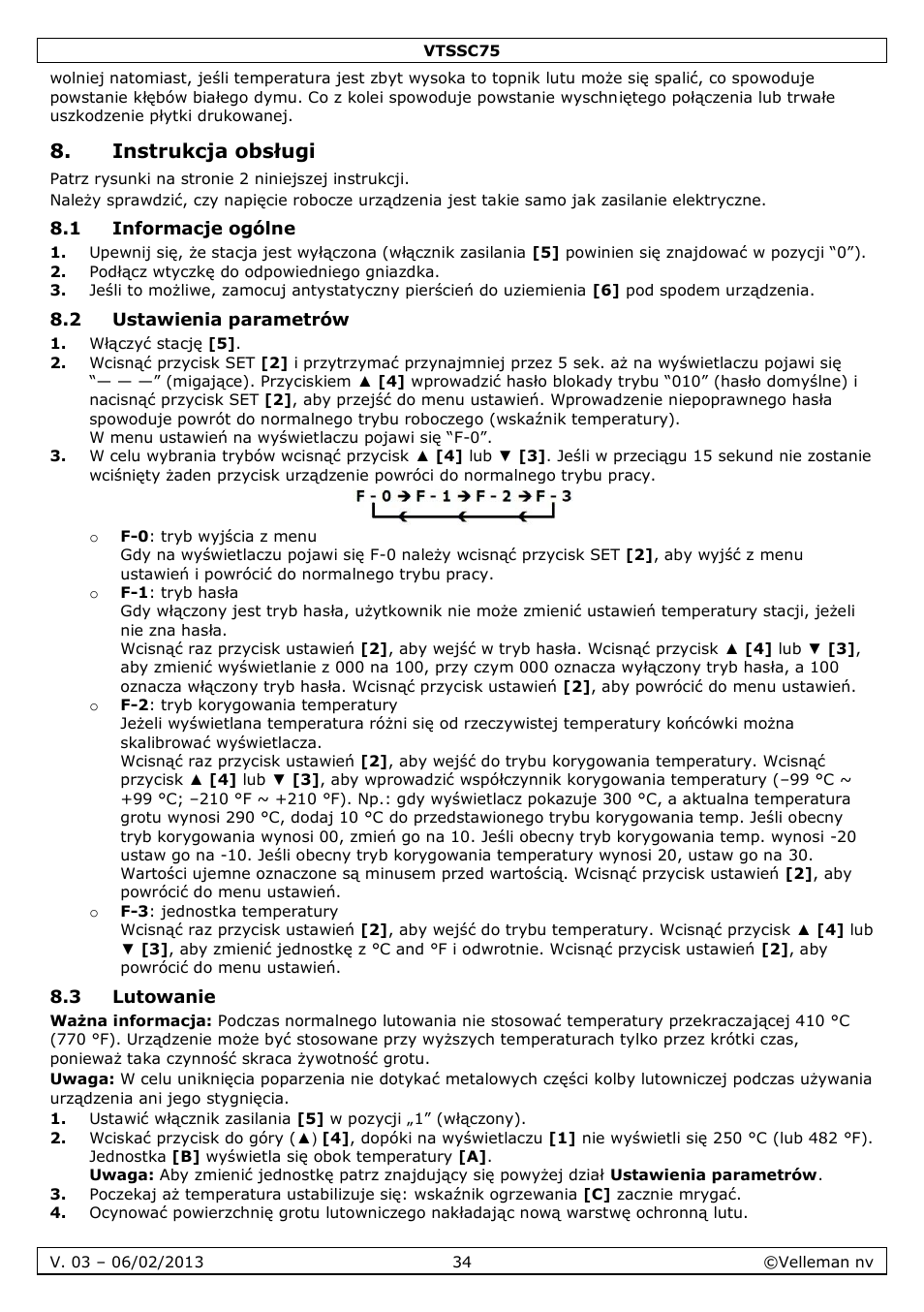 Instrukcja obsługi, 1 informacje ogólne, 2 ustawienia parametrów | 3 lutowanie | Velleman VTSSC75 User Manual | Page 34 / 39