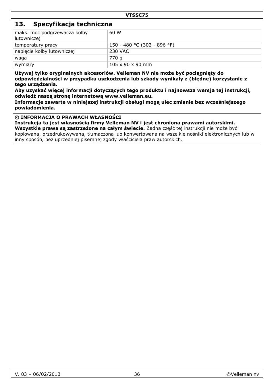 Specyfikacja techniczna | Velleman VTSSC75 User Manual | Page 36 / 39