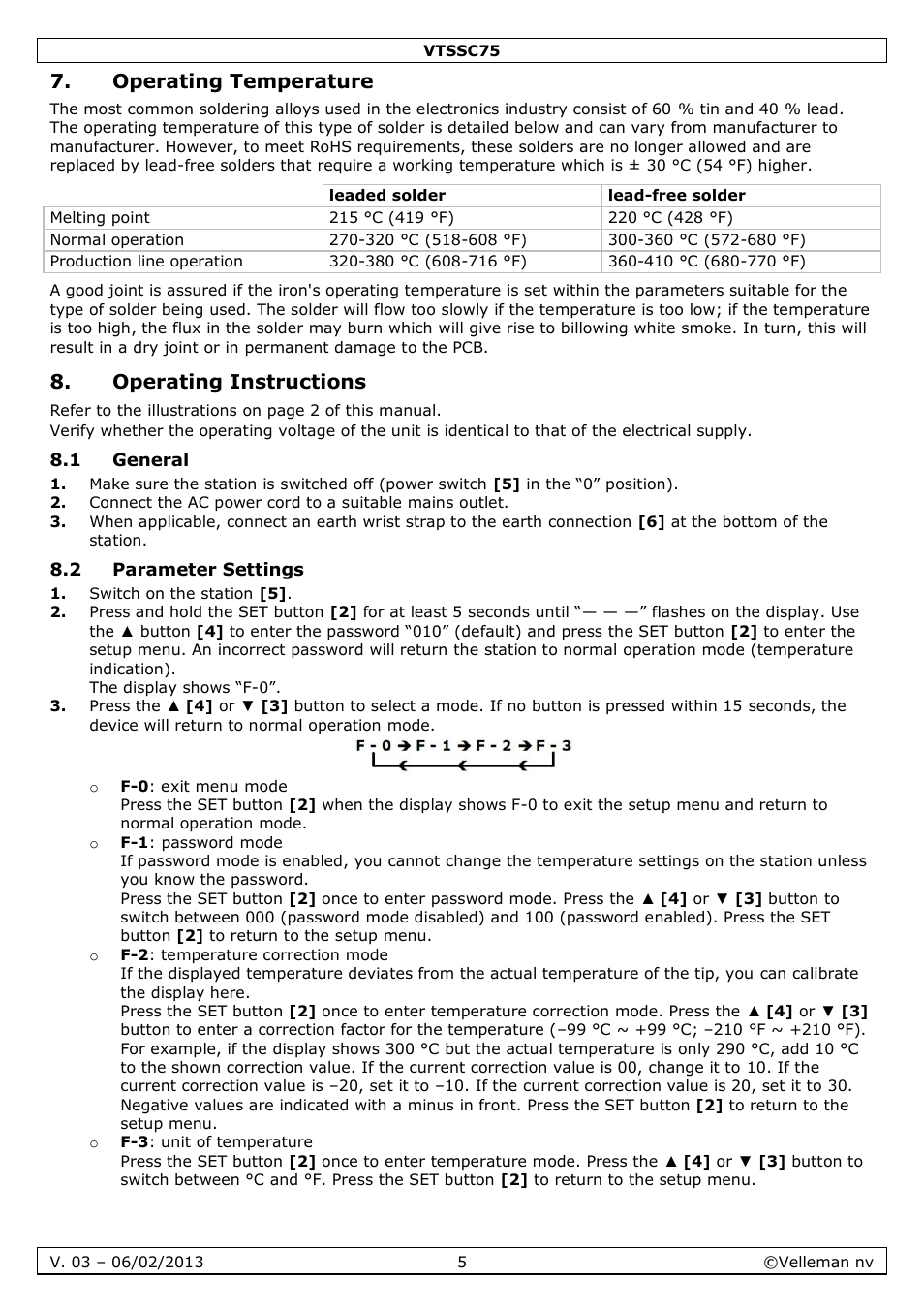 Operating temperature, Operating instructions, 1 general | 2 parameter settings | Velleman VTSSC75 User Manual | Page 5 / 39