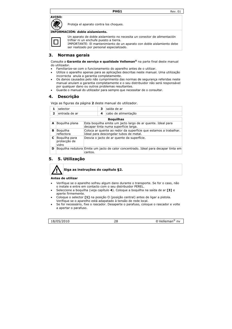 Normas, Descriçã, Utiliza | Gerais, Ação | Velleman PHG1 User Manual | Page 28 / 32
