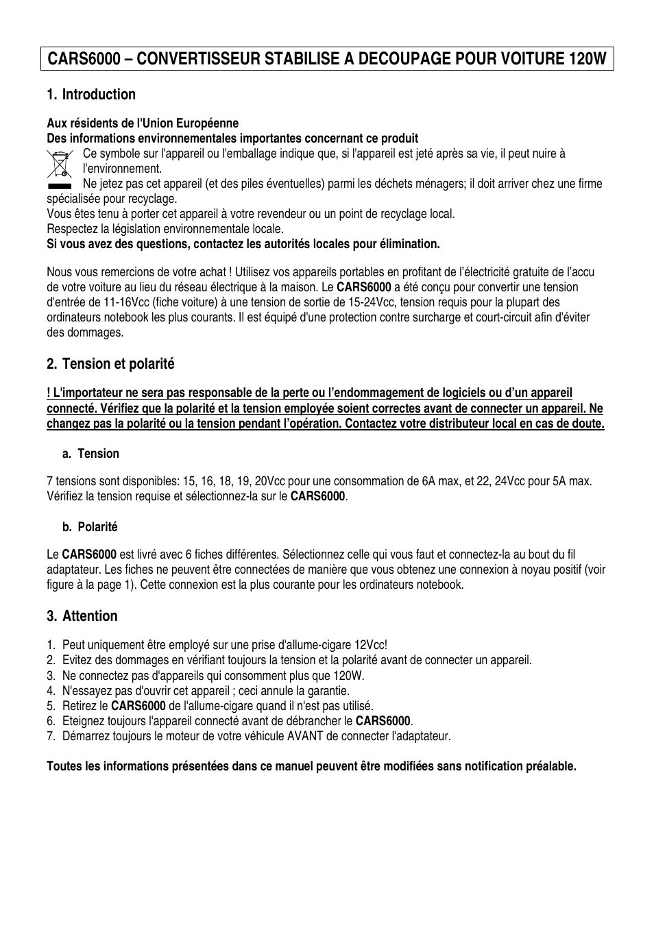 Introduction, Tension et polarité, Attention | Velleman CARS6000 User Manual | Page 3 / 5