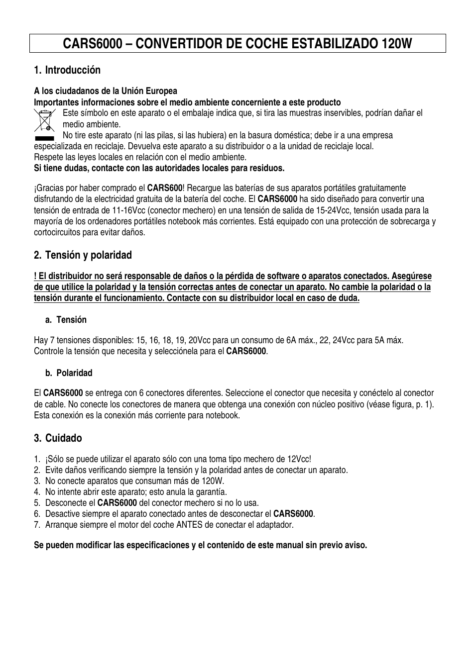 Introducción, Tensión y polaridad, Cuidado | Velleman CARS6000 User Manual | Page 4 / 5