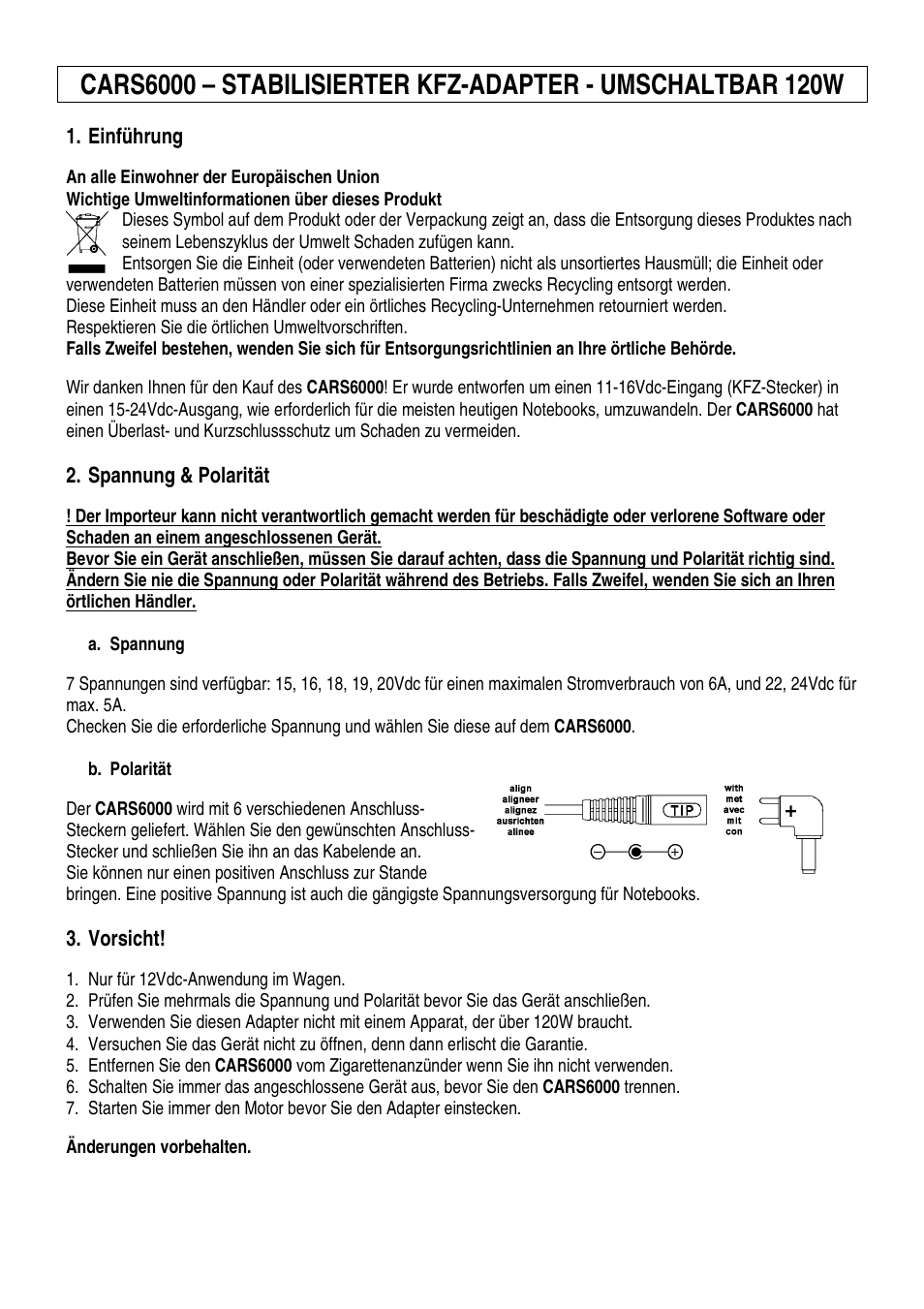 Einführung, Spannung & polarität, Vorsicht | Velleman CARS6000 User Manual | Page 5 / 5
