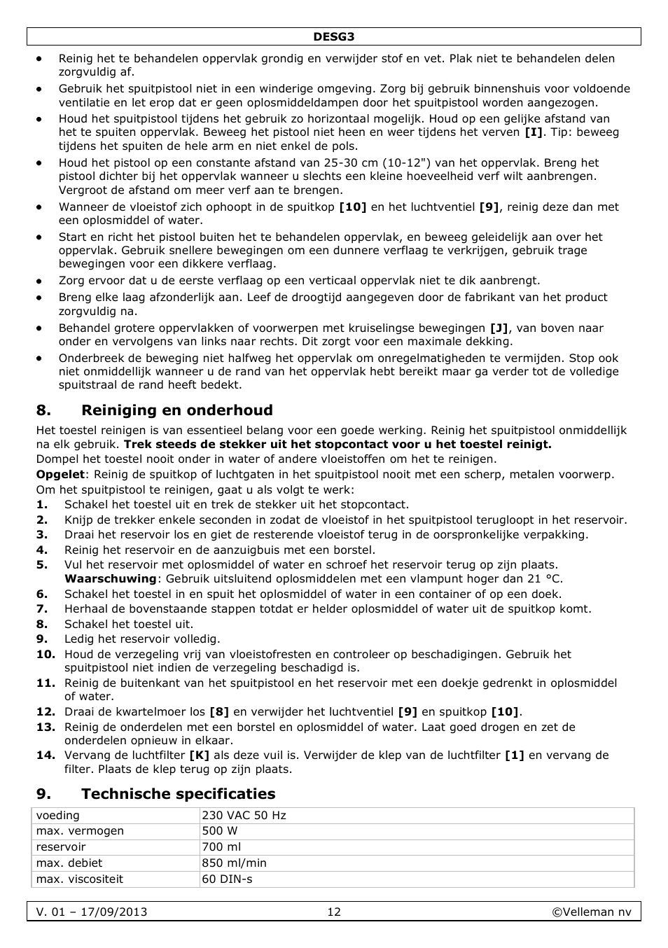Reiniging en onderhoud, Technische specificaties | Velleman DESG3 User Manual | Page 12 / 35