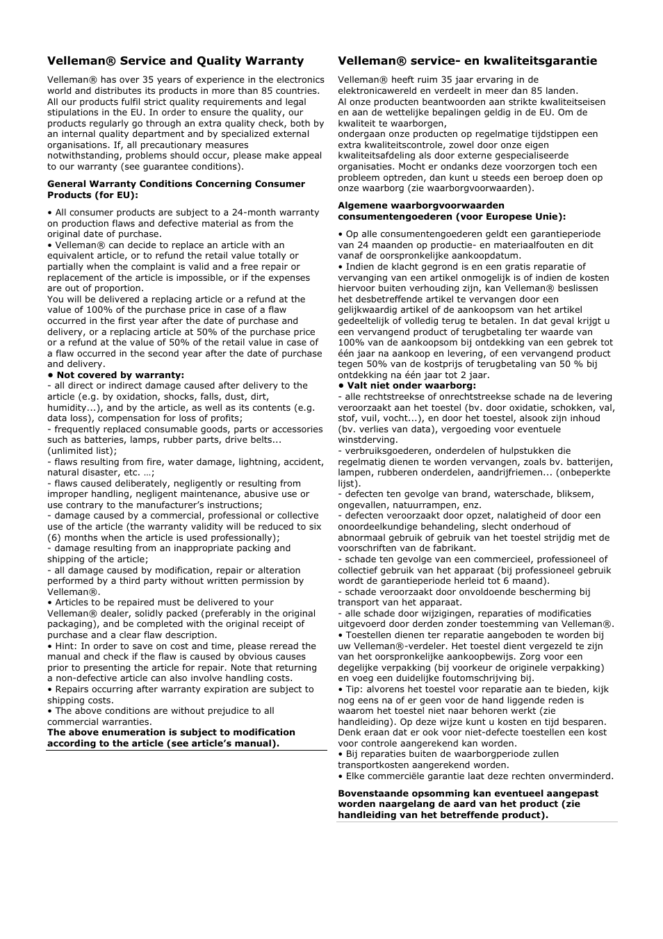 Velleman® service and quality warranty, Velleman® service- en kwaliteitsgarantie | Velleman AFJ2T User Manual | Page 21 / 23