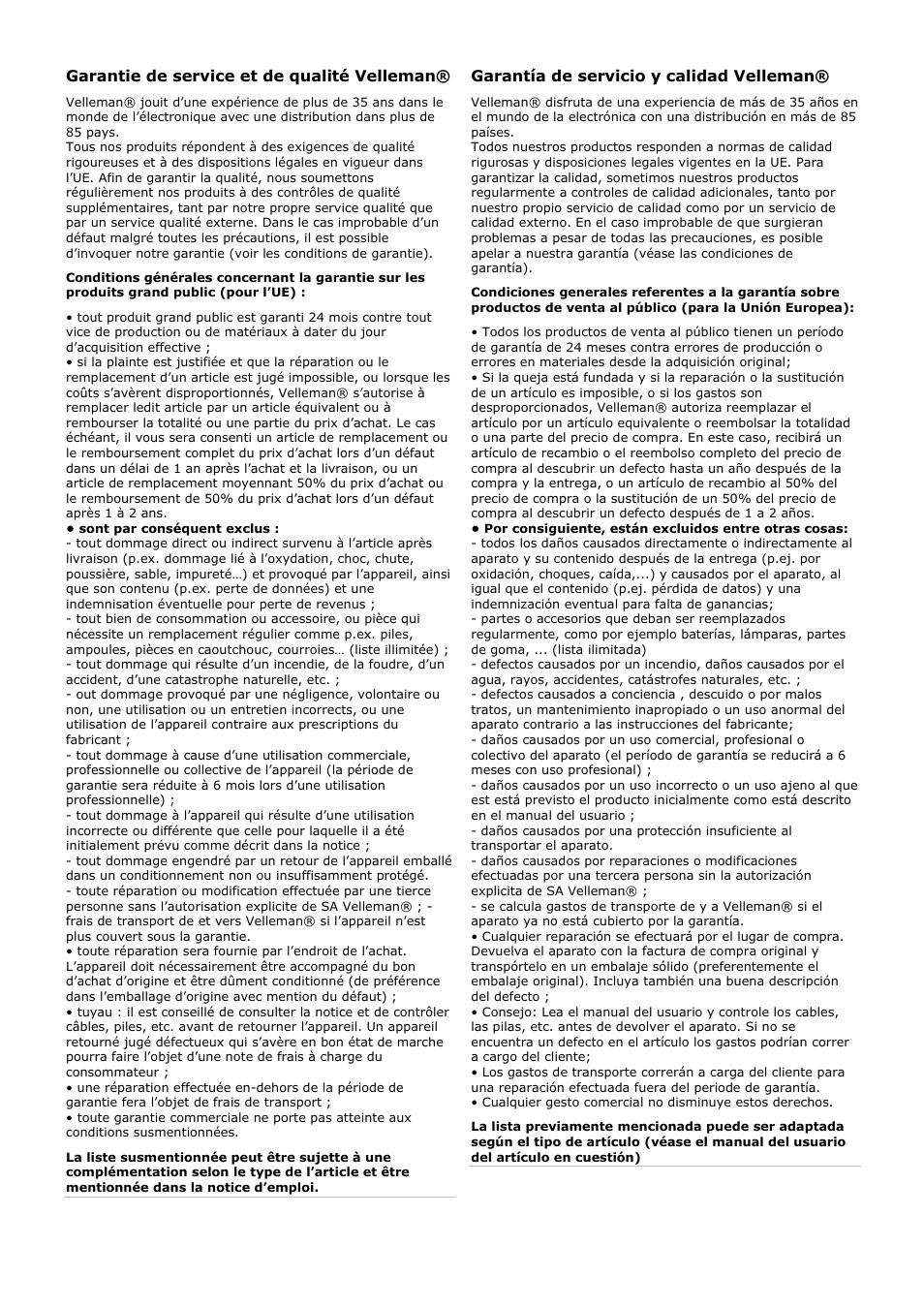 Garantie de service et de qualité velleman, Garantía de servicio y calidad velleman | Velleman AFJ2T User Manual | Page 22 / 23